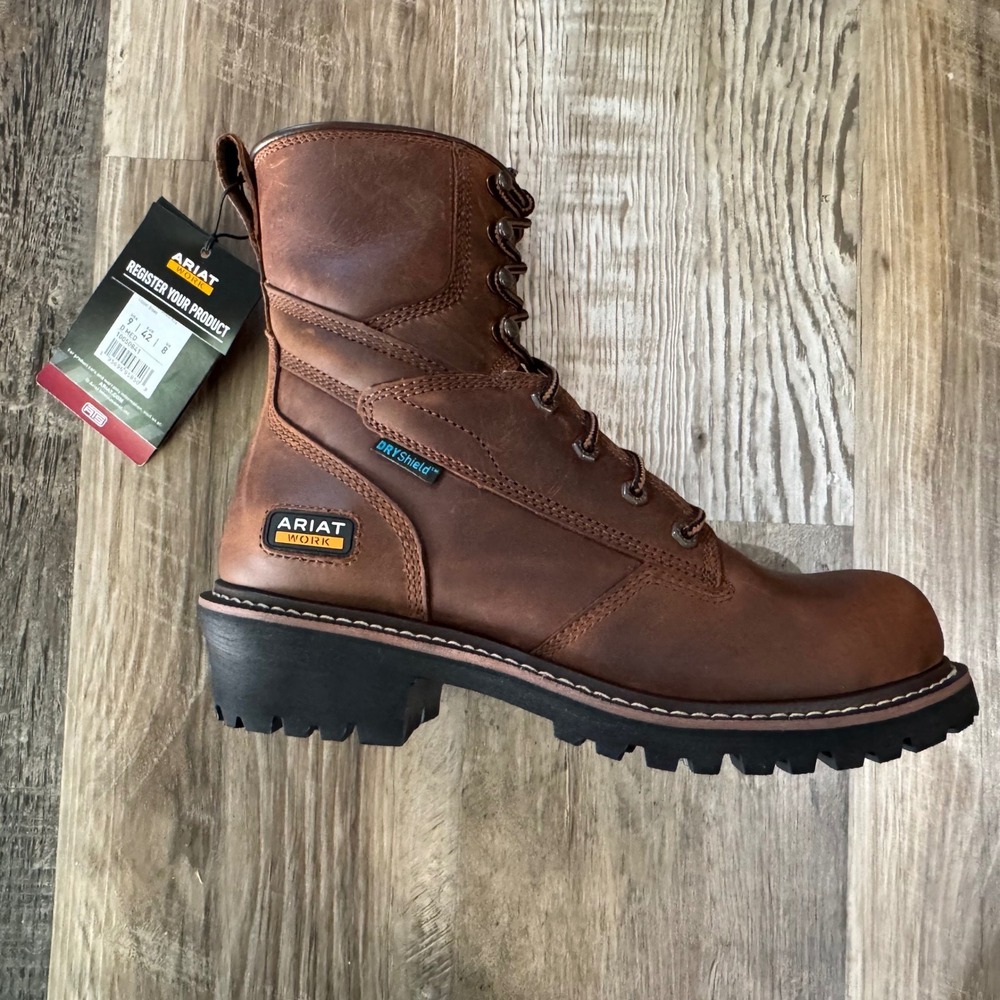 Ariat Work Boots Mens 9 Brown Logger Shock Shield 10050841 Waterproof Leather
